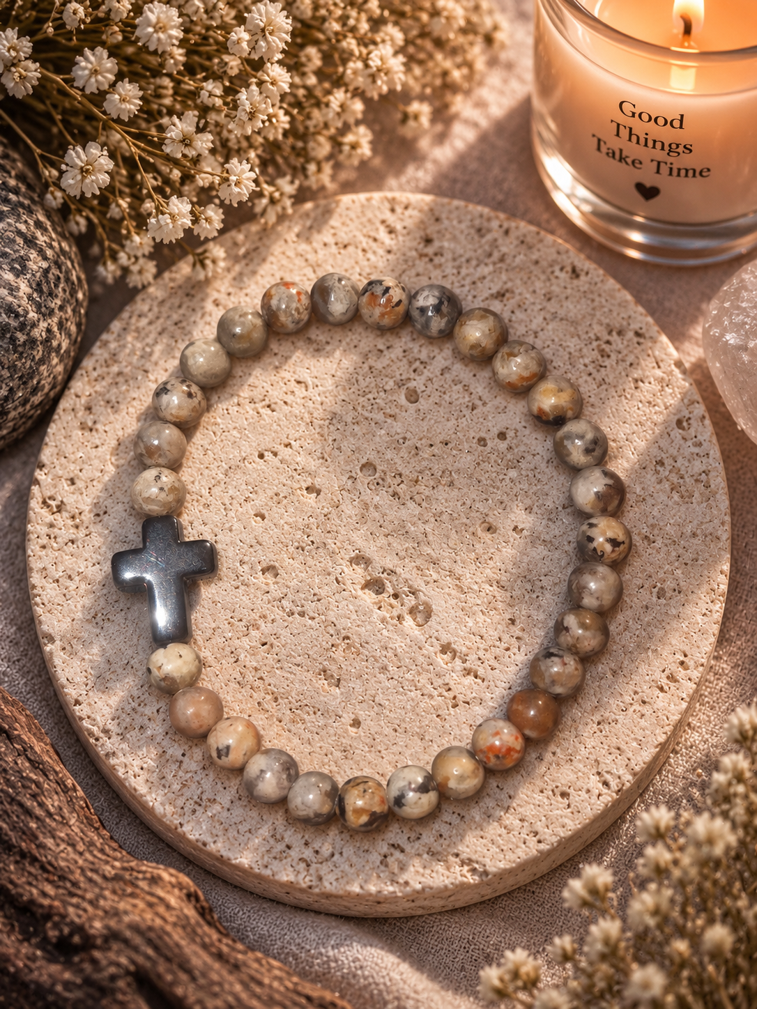Stone Bead Cross Bracelet