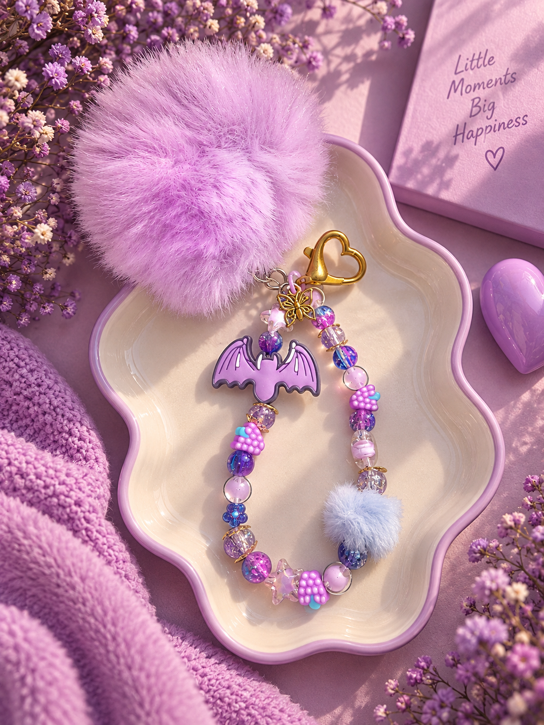 Lavender Pom Pom & Bat Charm Keychain
