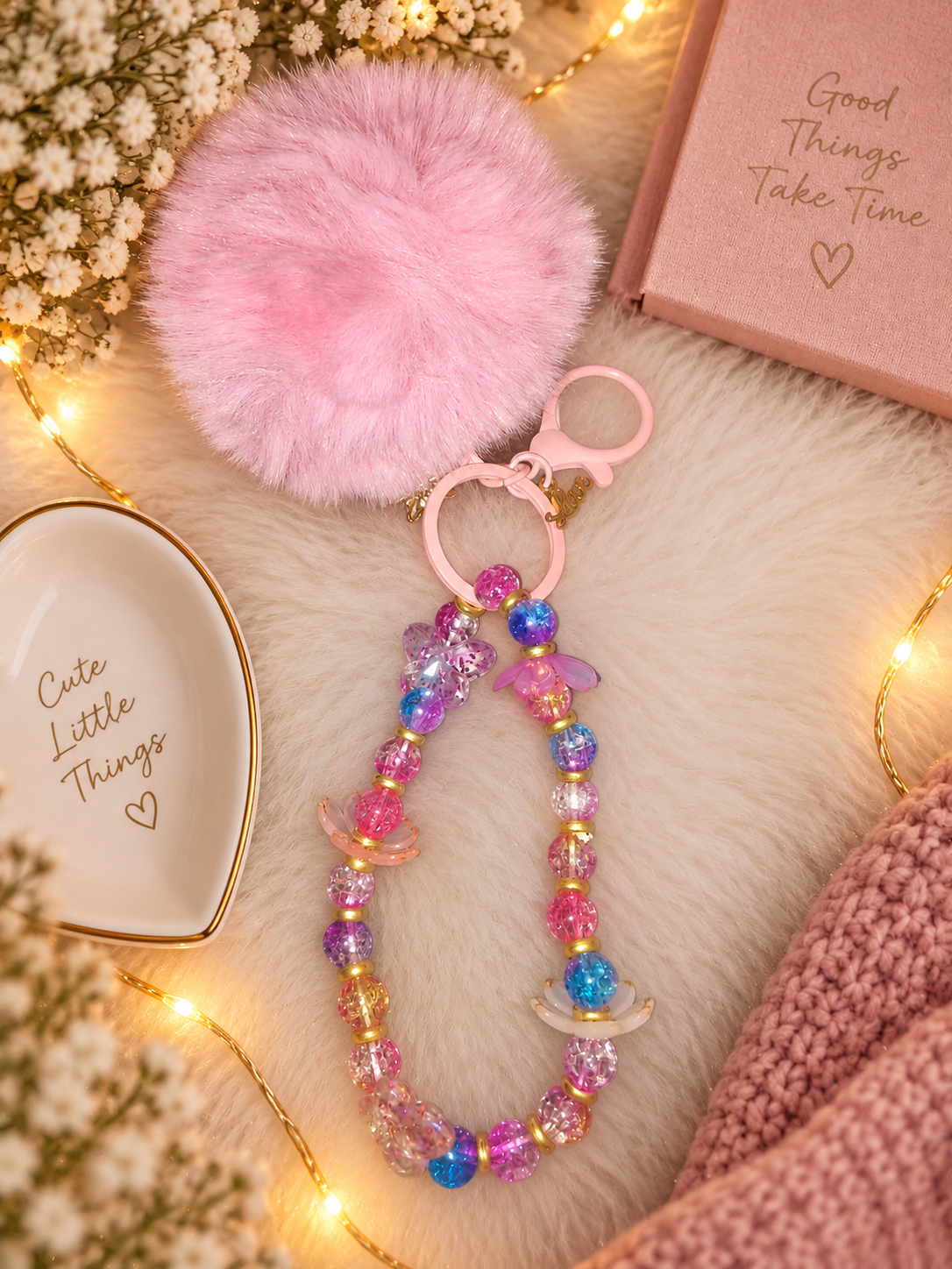 Pink Pom Pom & Crystal Bead Keychain