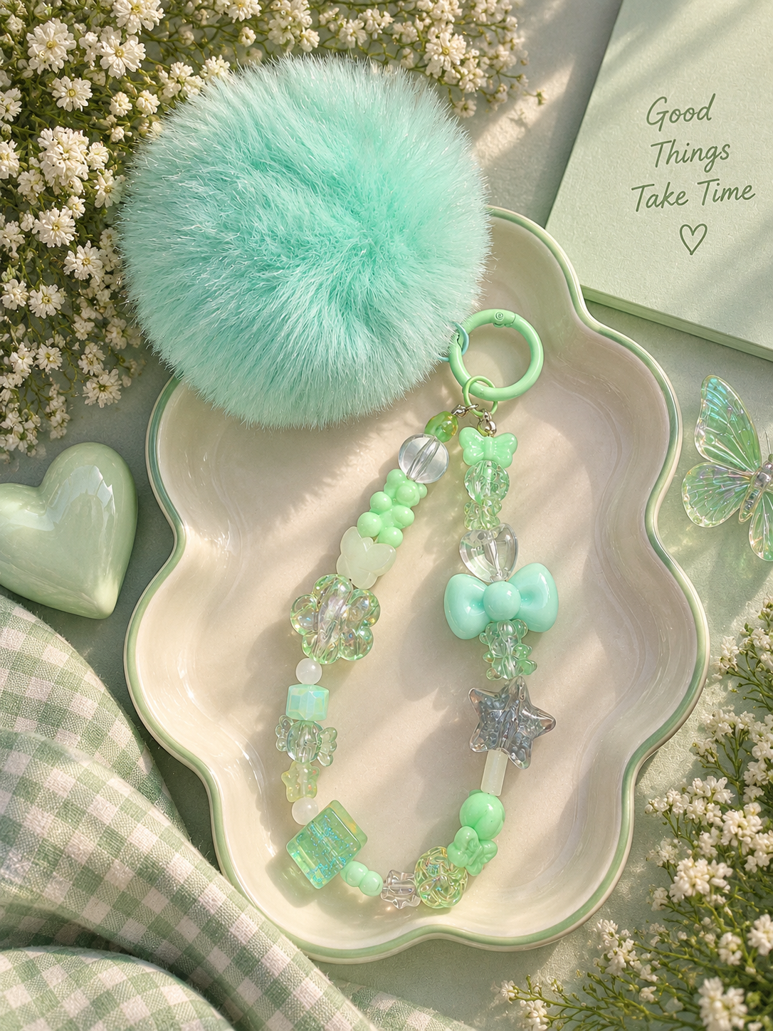 Mint Pom Pom & Bow Star Bead Keychain