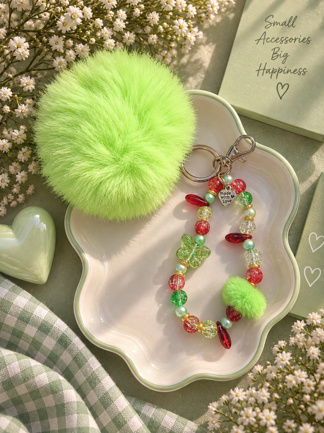 Lime Green Pom Pom & Mixed Bead Keychain