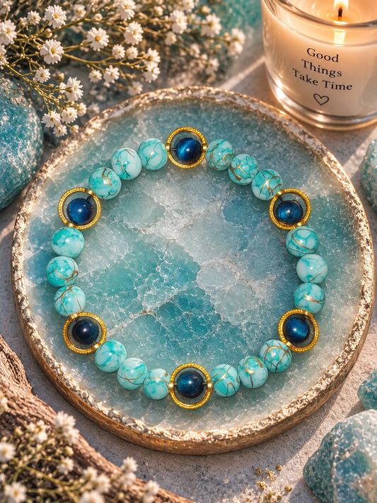 Turquoise & Blue Cat Eye Gold Ring Bracelet