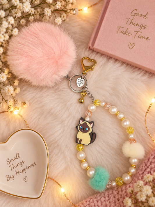 Pink Pom Pom & Pearl Cat Keychain