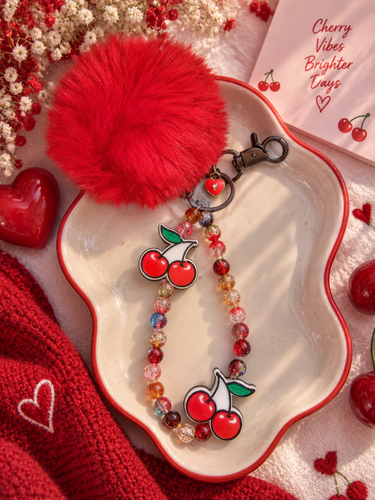 Red Pom Pom & Cherry Bead Keychain