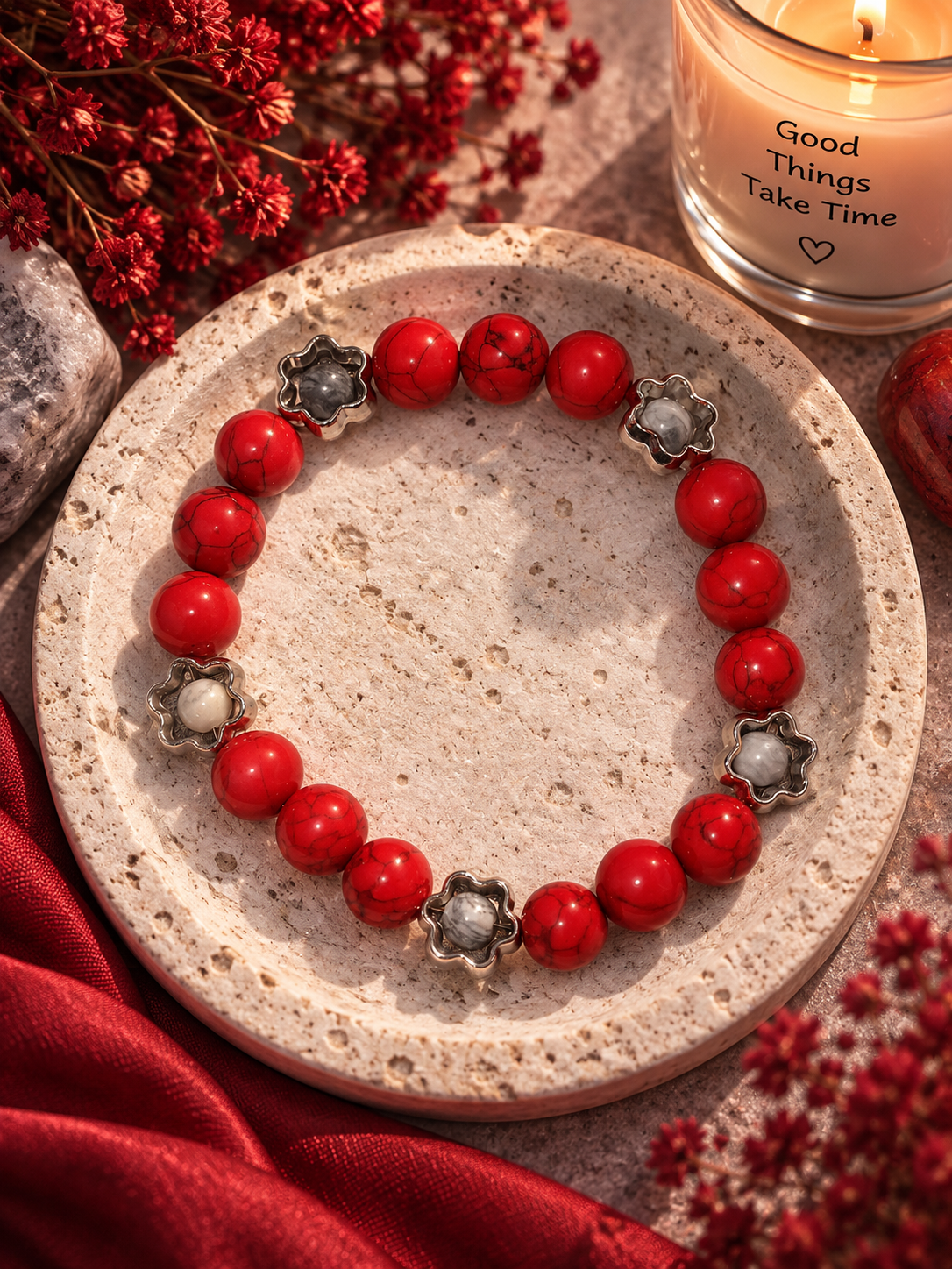 Red Turquoise & Silver Flower Bracelet