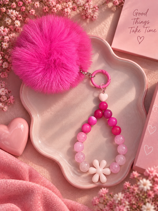 Hot Pink Pom Pom & Stone Glass Bead Keychain
