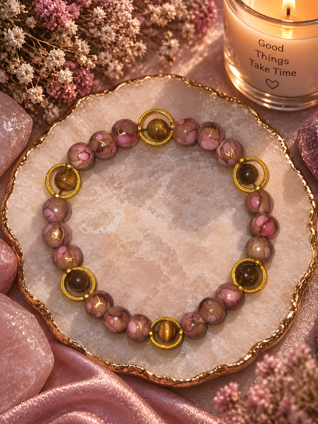 Pink Marble & Tiger Eye Gold Ring Bracelet