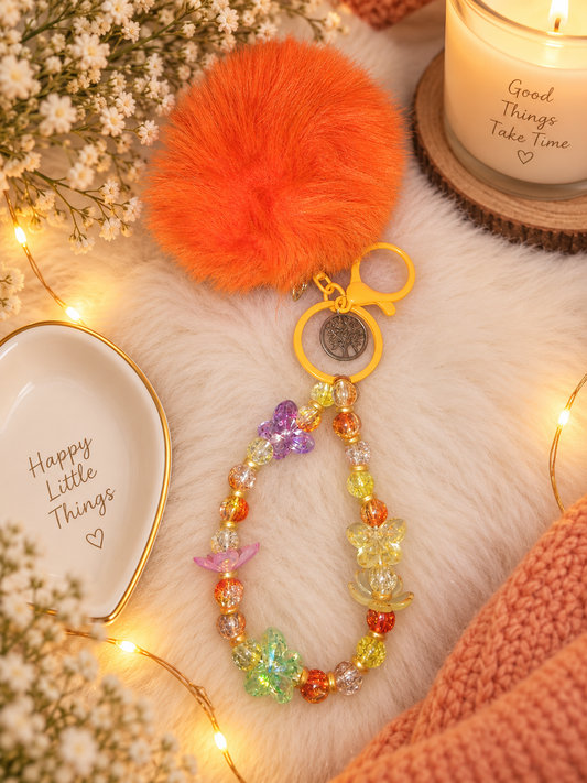 Orange Pom Pom & Crystal Bead Keychain
