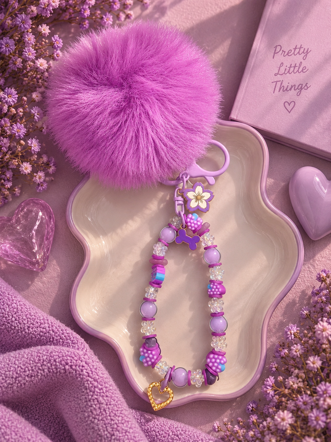 Purple Pom Pom & Butterfly Heart Bead Keychain