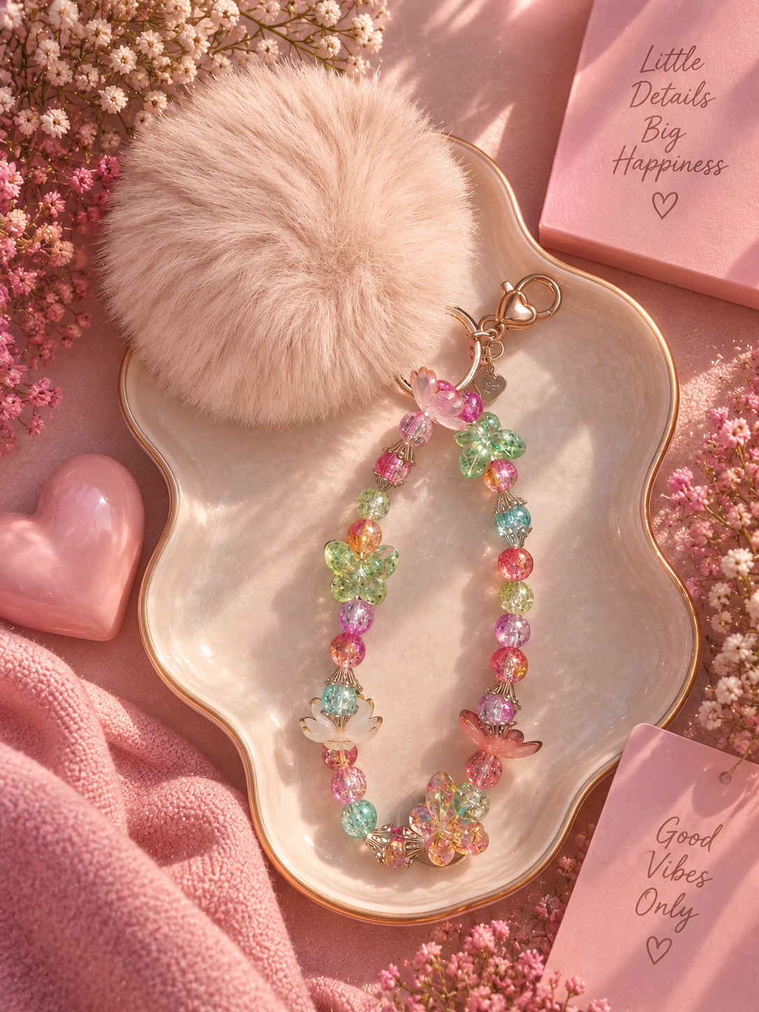 Dusty Lilac Pom Pom & Butterfly Floral Bead Keychain